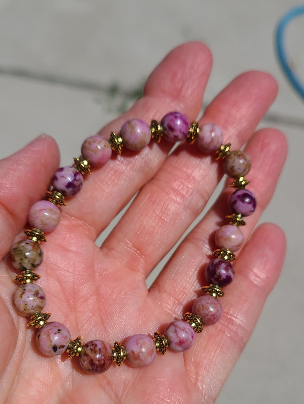 Handmade Pink Imperial Turquoise Beaded Stretch Bracelet with Gold Accents